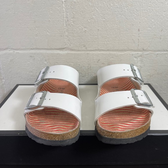 Birkenstock Arizona White Leather Striped Sandals Slip On Women's 38 EU/7 US - Picture 3 of 9